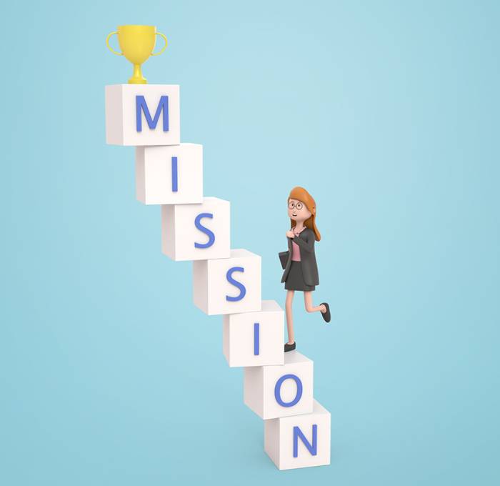 Businesswoman stepping up ladder to golden trophy on top on isolated background. Mission and business concept. 3D cartoon character.